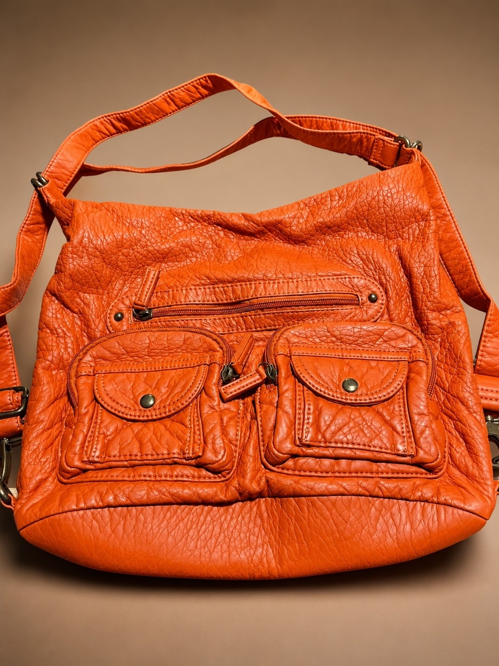 Orange Leather Multi-Pocket Shoulder Tote/ Backpack